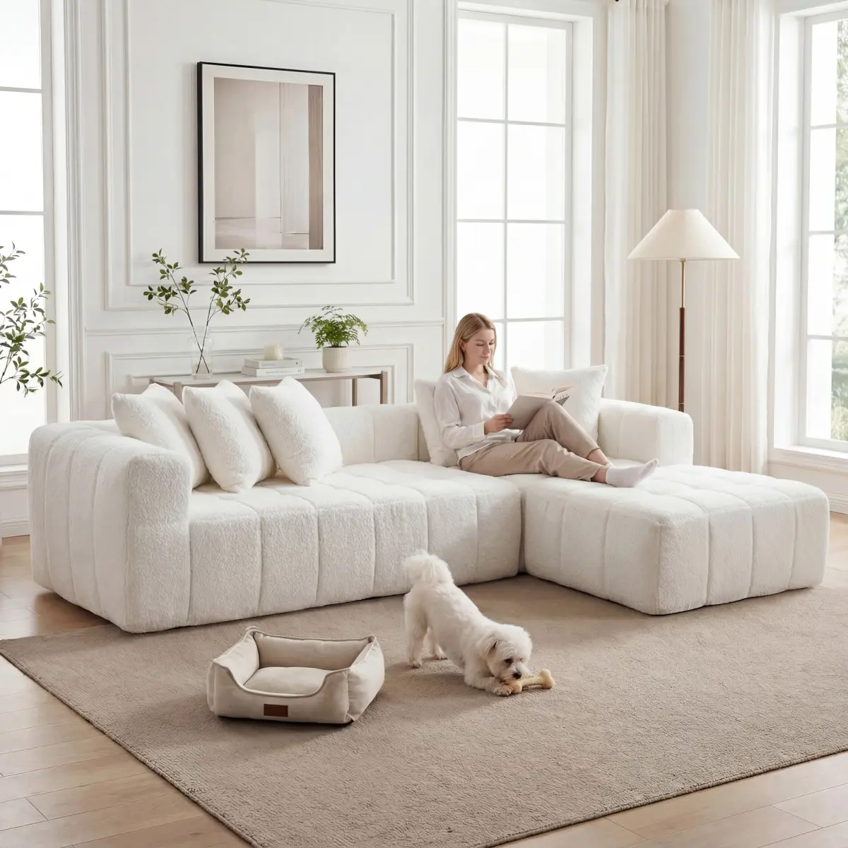 107.9"Cloud Modular Sectional Sofa Couch with L-Shape Chaise, Modern Minimalist Upholstered Couches for Living Room Bedroom, Deep Seat Corner Couch, No Assembly Required,White