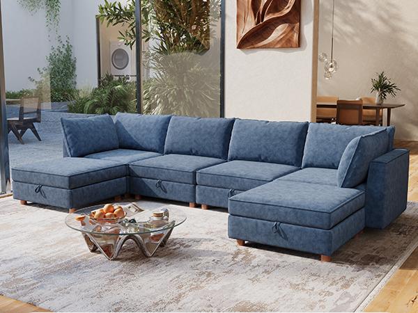 128" 6 Seat Modular Sectional Sofa with Storage, Sturdy Solid Wood Structure, Modular Sectional Sofa Cloud Couch Washable, Spacious Couches for Living Room, Apartment, Loft, Dark Blue