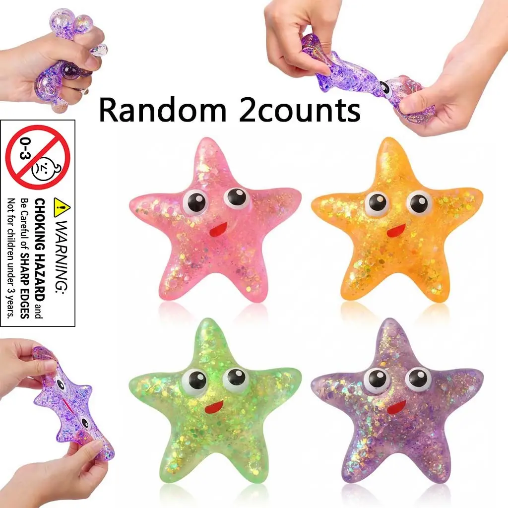 2 Counts Squishy Starfish Sugar Stress Balls, Stress Ball Fidgets, Sensory Stress Balls, Squeeze Fidget Toys for Girls & Boys, Cute Anxiety Relief, Decompression Squeeze, Kids & Adults, Birthday Party Favors
