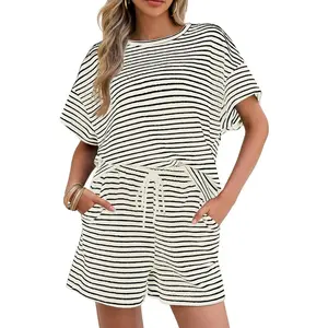 Lannew Womens Pajamas 2 Piece Lounge Sets Striped Short Sleeve T Shirts Drawstring Shorts Matching Set