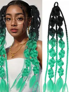 2pcs Girls Rainbow Gradient Twist Long Fake Hairband Ponytail Hair Tie, All Seasons Dual Color Bubble Lantern Braid, Role Play and Music Festivals, Synthetic Hair Ponytail