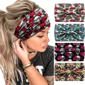 Bohemian Style Flower Skull Print Hair Band-Elastic Wide Bandana Fashion Headband, Sweat Absorbing Sports Yoga Bandana, Punk Style Hair Accessories