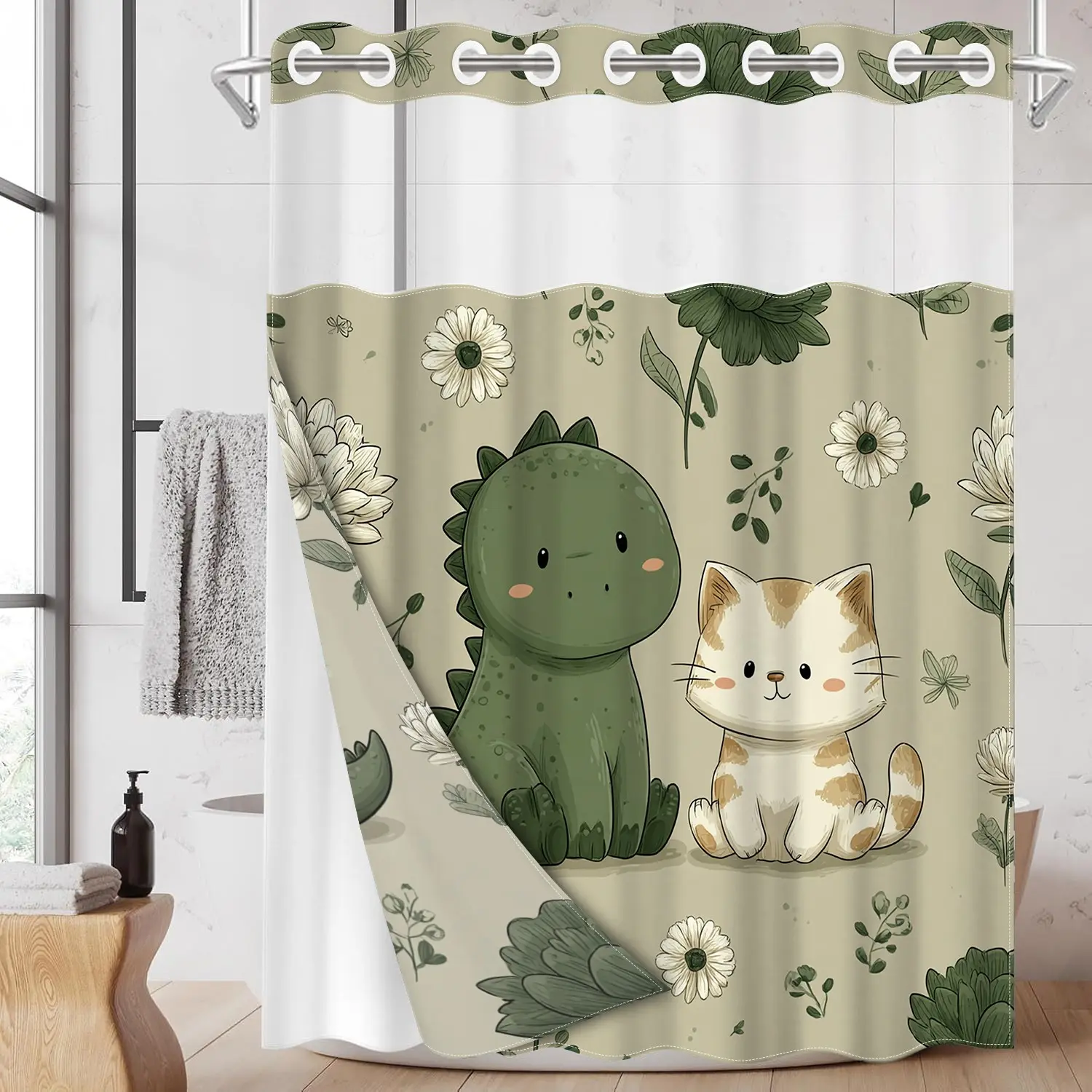 1pc hookless shower curtain, Cute shower curtain, with snap fastener, featuring dinosaur and cat patterned printing, fabric waterproof inner lining, transparent window and double-layer design, 71x74 inches, modern home decor