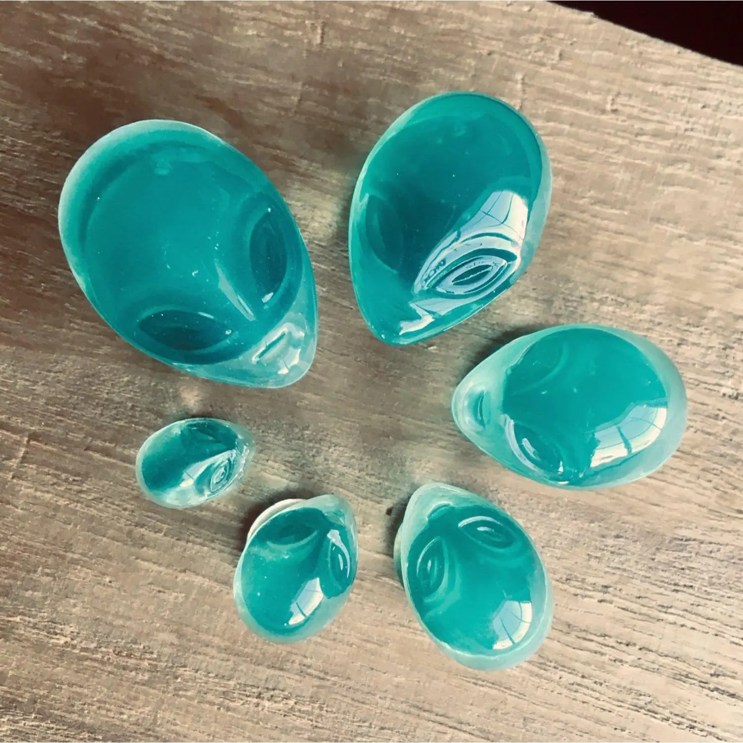 PAIR of Unique Green Alien Face Pyrex Glass Double Flare Plugs - Gauges 2g (6mm) through 1" (25mm)