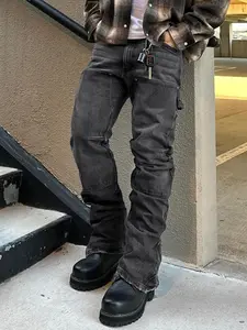 Men's High-Waisted Fitted Denim Jean Pencil Pants, Washed Solid Color Elastic Patchwork Pockets, Casual Streetwear All-Season Wear, Comfortable Fashion Design