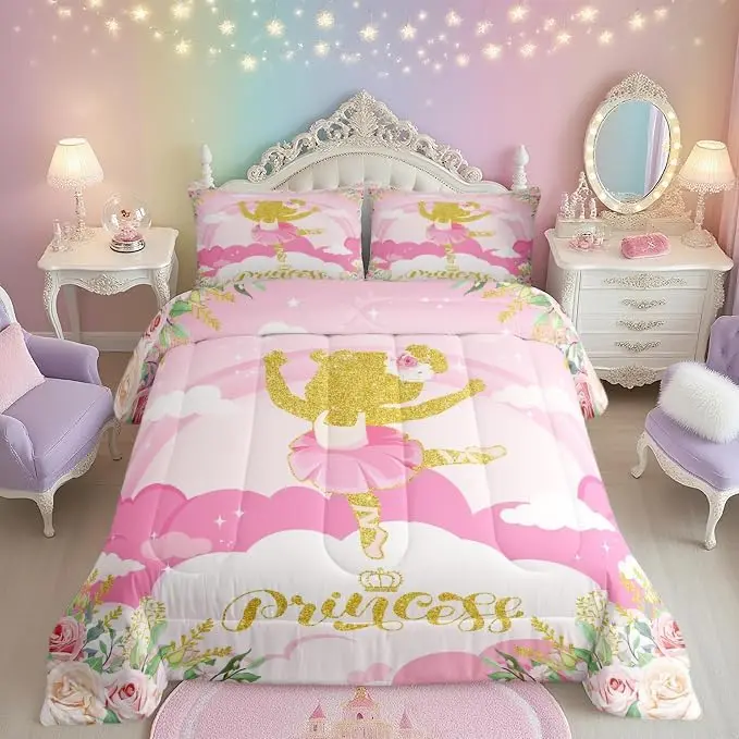 Ballet Princess Comforter Sets,Cute Ballet Bedding Comforter Sets Pink Quilt Sets for Youth Woman Bedroom Decor,Dreamy Sky Cloud Duvet Insert
