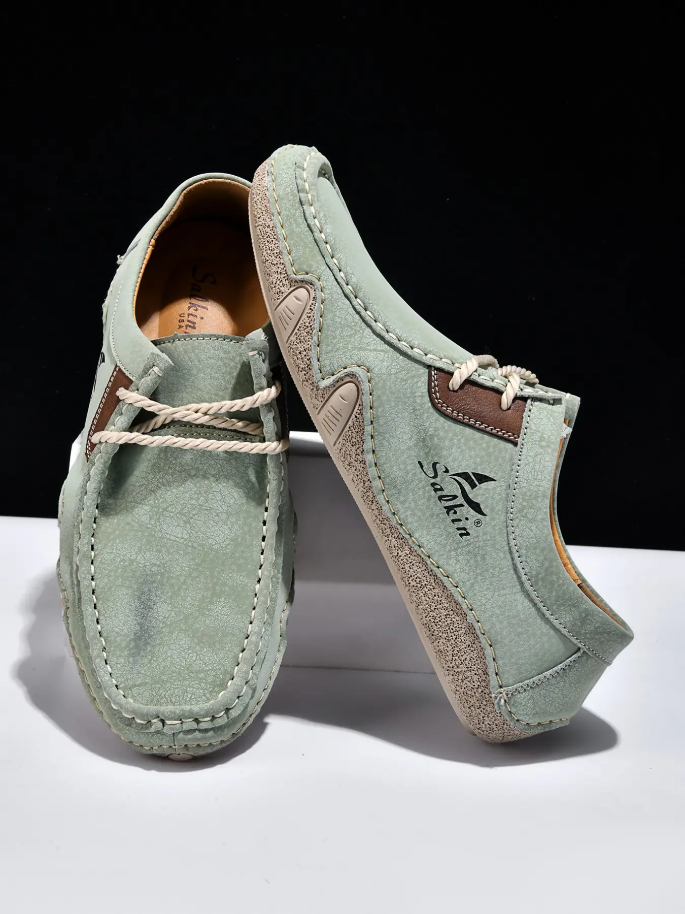 Men's Fashion Non-Slip Boat Shoes, PU Leather Footwear for All Seasons, Handmade Casual Flat Shoes, Simple Lace-Up Low-Top Shoes, Large Size, Lightweight Comfortable Fabric, Rubber Sole