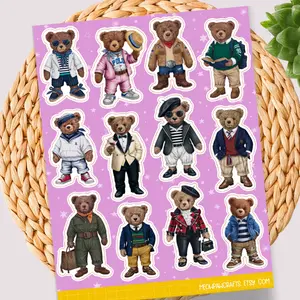 Teddy Bear Sticker Sheet, Fashion Bear Vinyl Stickers for Planners, Journaling, Scrapbooking, 12 Water-Resistant Stickers