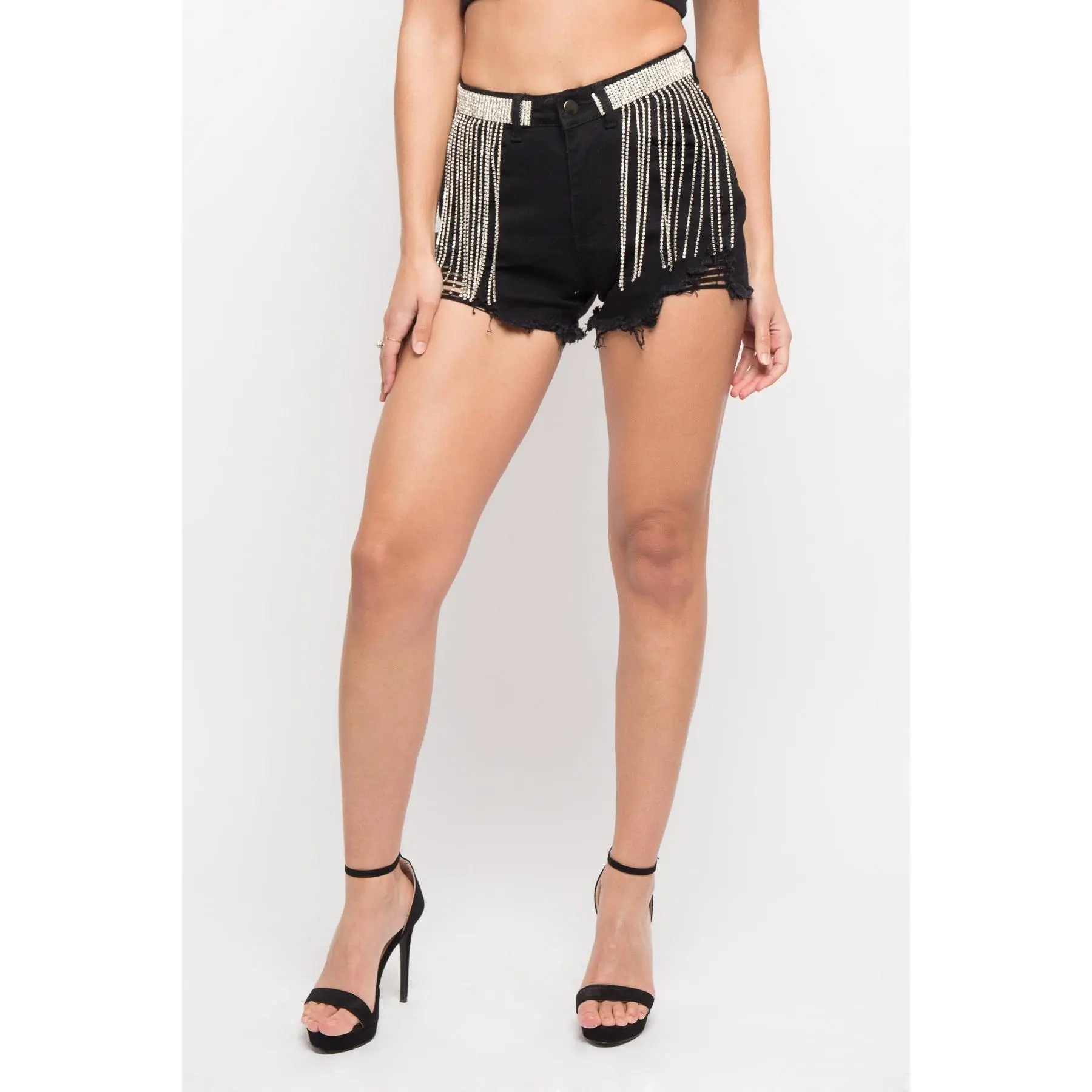 Distressed Crystal Belt Chain Shorts