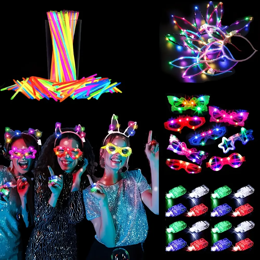 138-Piece Neon Party Favors Set - 12 Neon Glasses, 20 Finger Lights, 6 Glow Headbands, 100 Glow Sticks for Concerts, Birthdays, Festive Decorations