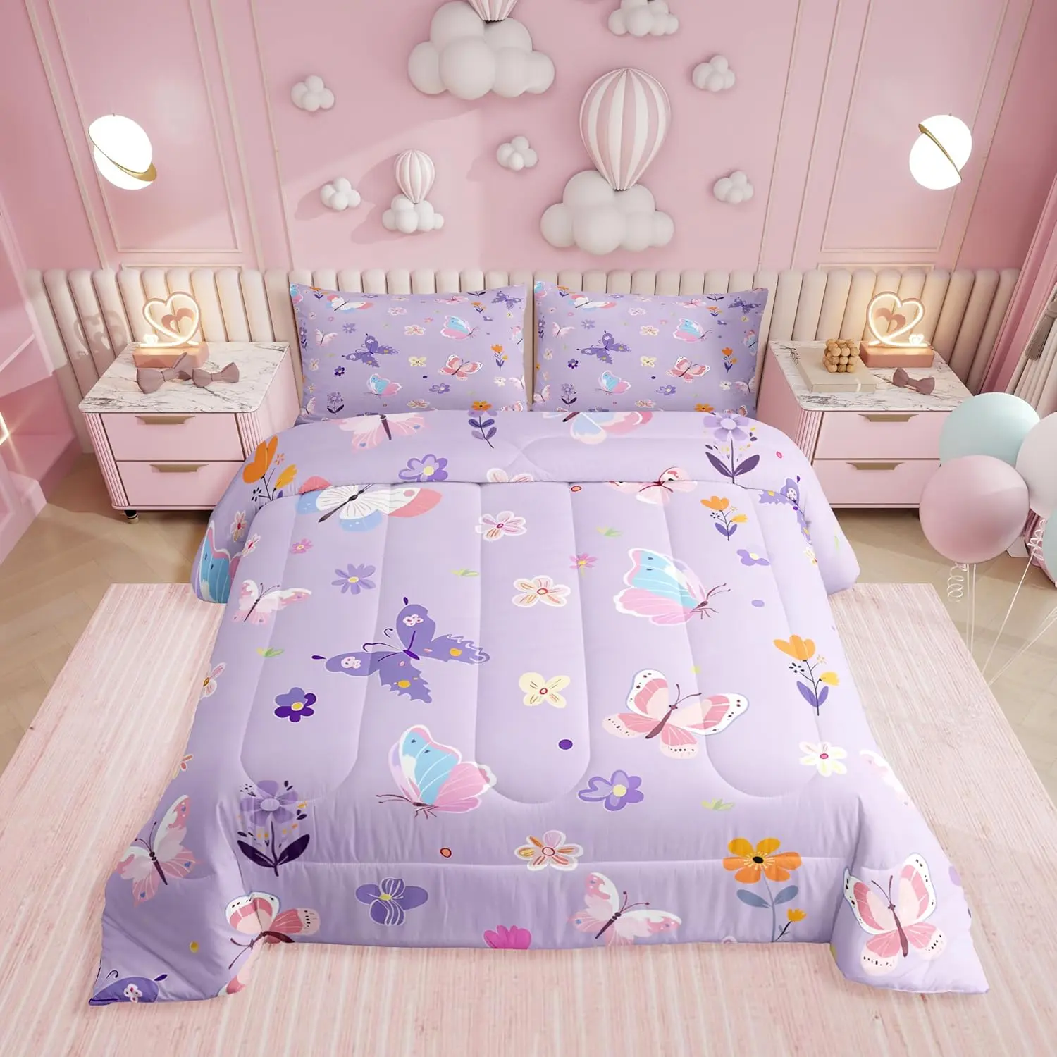 Feelyou Purple Floral Bedding Set - Butterfly Print Microfiber Bedsheet Sets, Breathable Coquette Quilt with Low Roll Over, Gentle Soft Blanket for Kids' Bedroom Cozy Setup, Camping, Soft Warm Bedding, Bedroom Decor