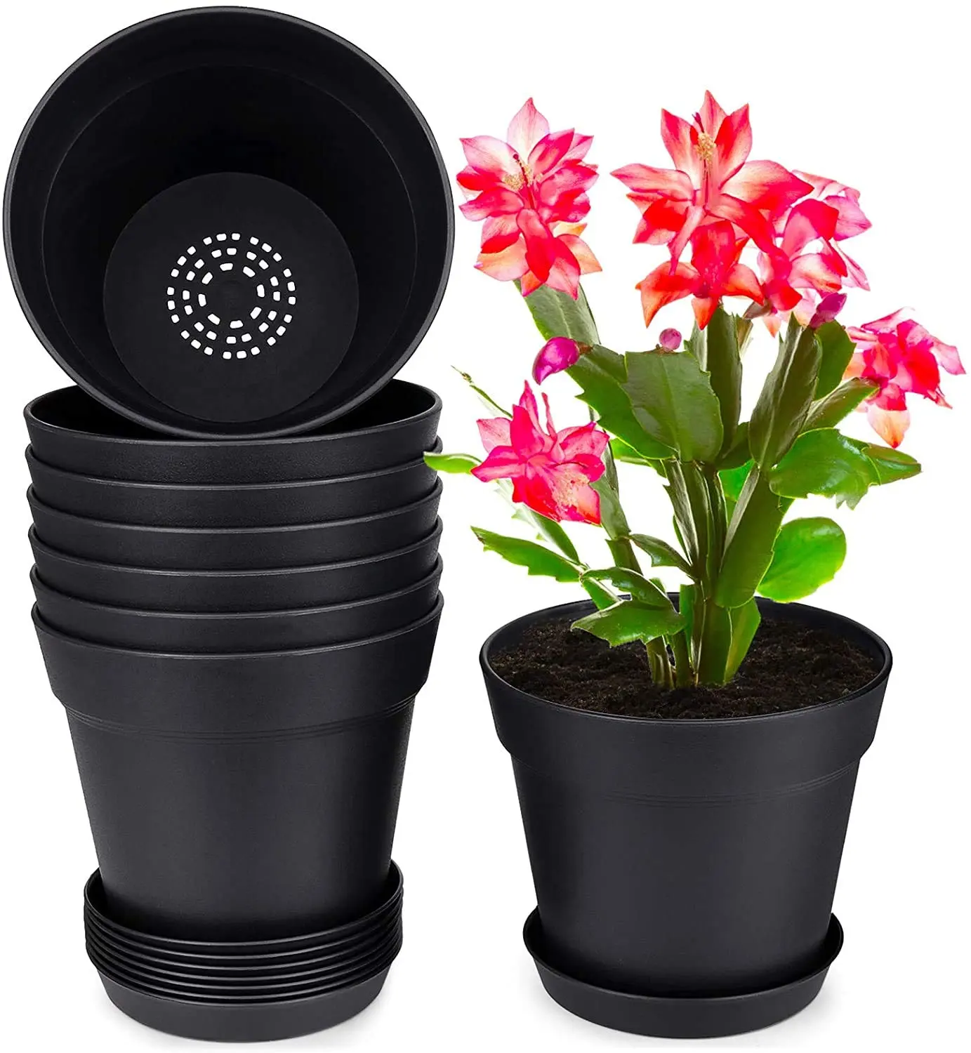 HOMENOTE 8-Piece 7.5in Plastic Plant Pot Set - Herb Garden Planter, Outdoor Plant Pots, Kitchen Container Gardening Supplies with Multiple Drainage Holes & Plastic Trays for Succulents, Flowers