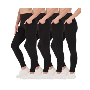 Real Essentials 4-Pack: Women's Full Length Fitted Athletic Yoga Performance Leggings with Pockets (Available in Plus Size)