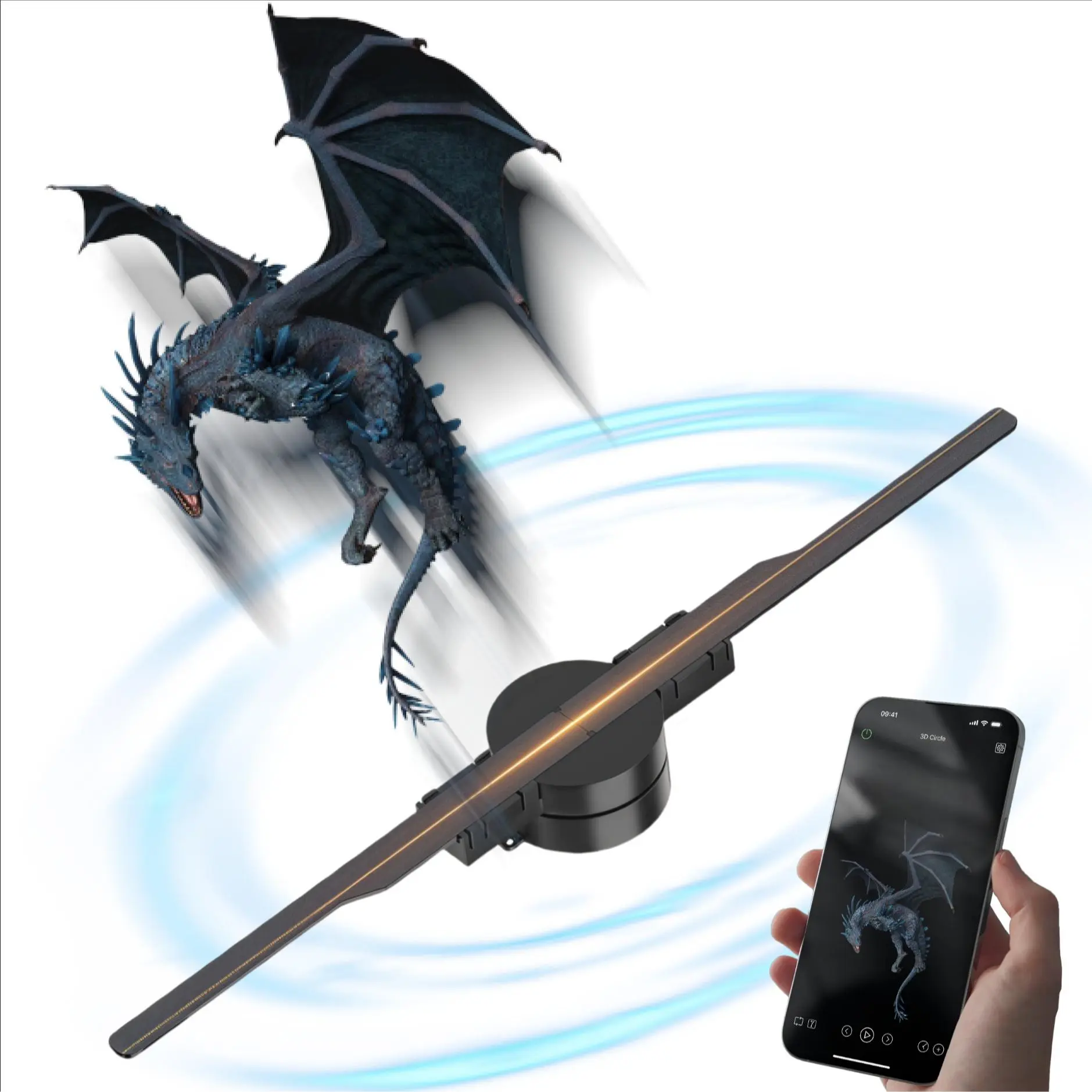 3D Holographic Projector Light, Stand sold separately, 42cm Fan Blade, Plug and Play, APP Controlled,Customizable materials, 234 RGB Leds, Ideal for Festivals, Parties, Ads
