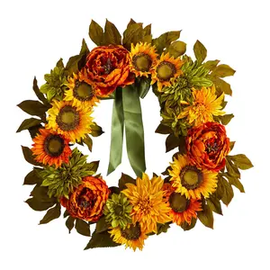 Nearly Natural 24" Peony, Dahlia & Sunflower Artificial Wreath