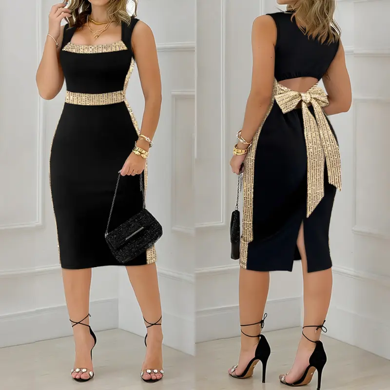 CHICME Square Neck Sleeveless Hollow-out Bowknot Mid-Calf Slit Dress/Sleeveless Square Neck Slit Dress/Summer Dress for Wedding Guest & Wedding