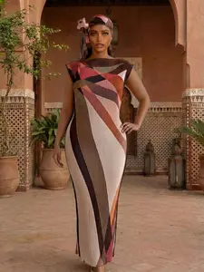 Elegant Style Ruffled Slim Fit Long Dress Set, Striped Robe Shawl + Long Silk Scarf, Women's Beach Sun Protection Wrap, All Seasons