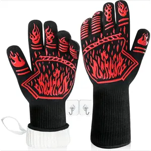 BBQ Gloves, 1472°F Heat-Resistant and Anti Slip Long Grilling Gloves, One Size Fits All, Gift Two Hooks, Excellent Hand and Wrist Protection in The Kitchen/Fireplace/Griddle/Smoker/Fire Pit