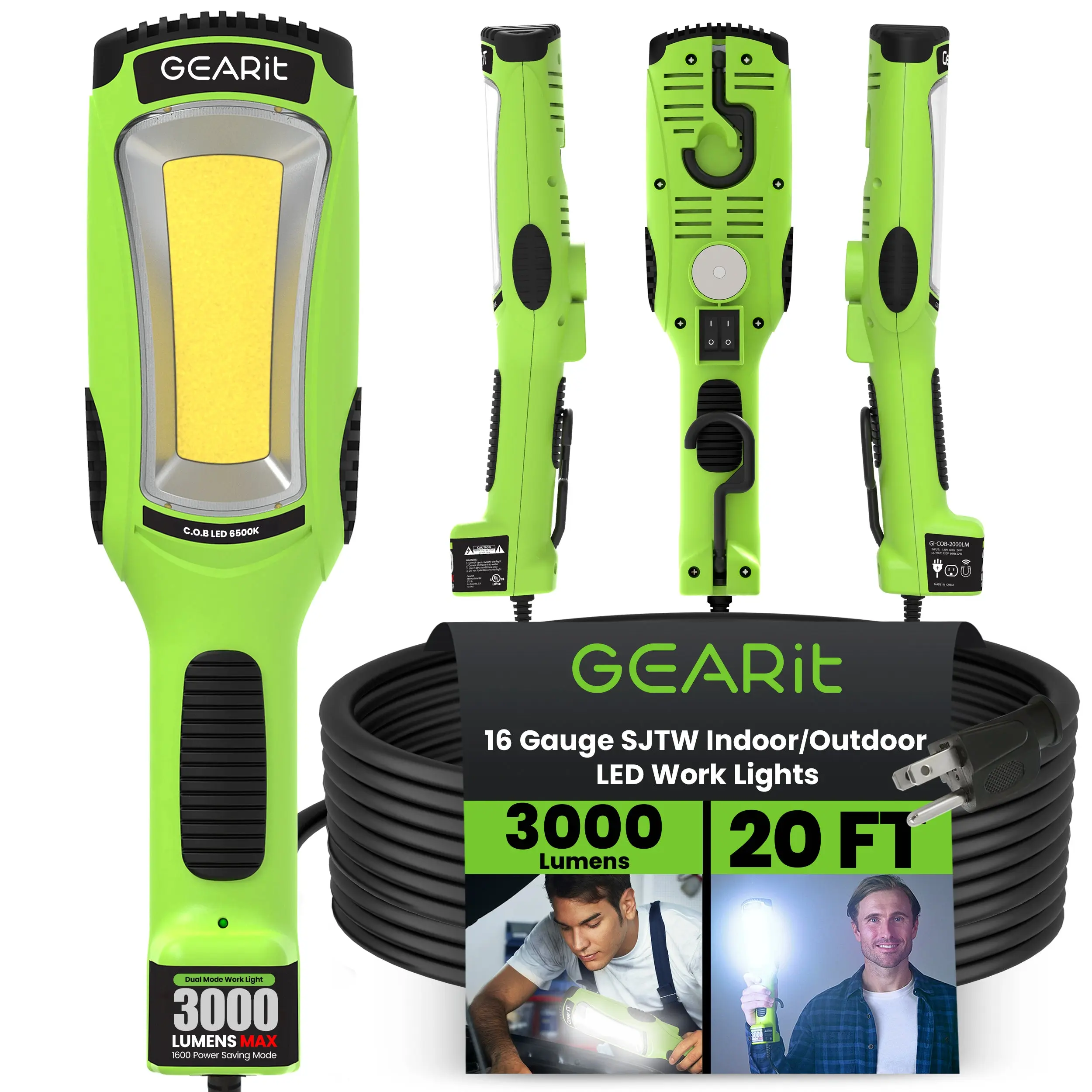 3000 Lumens COB LED Work Light with Long Extension Cable, Green