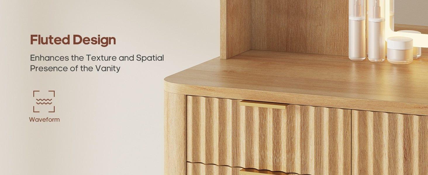Sikaic 51.2" Fluted Makeup Vanity Desk with 30.3" Lighted Mirror, 5 Drawers, 6 Open Shelves & 2 Cabinets, Power Strip Included, Modern Oak Dressing Table with Solid Wood Legs for Bedroom