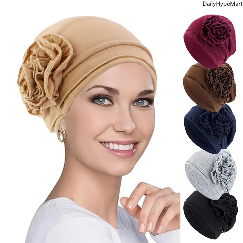DailyHypeMart Modest Cotton Floral Stretch Turban Beanie - Comfortable, Stylish, Casual Chemo Hat for Maternity Wear, Beige Fashion Accessory, Modesty