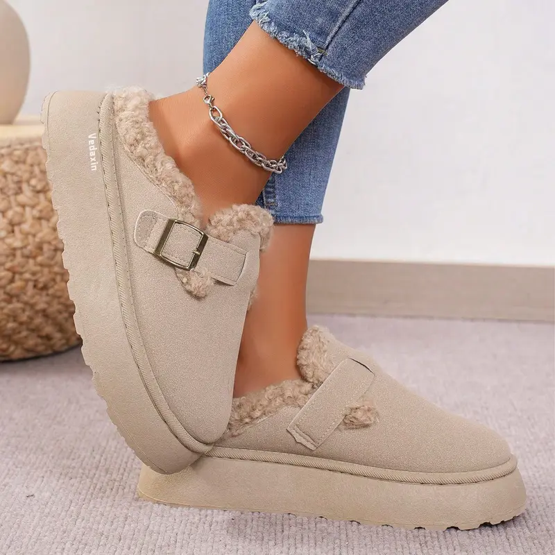 Womens Suede Plush Slippers with Adjustable Buckle Design and Slip-On Warm Boots for Indoor Outdoor Snow House Springfresh Platform Footwear