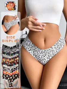 14-pack Halloween printed women's panties, cute pumpkin skeleton ghost briefs, various patterns scalloped underwear for women suitable for festive and everyday wear.