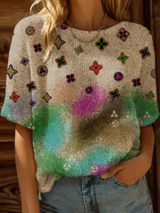 Spring Summer Knit Top, One Shoulder Short Sleeve, Colorblock Dye Print Gradient, Casual Elegance Commute Wear, Bohemian Beach Style