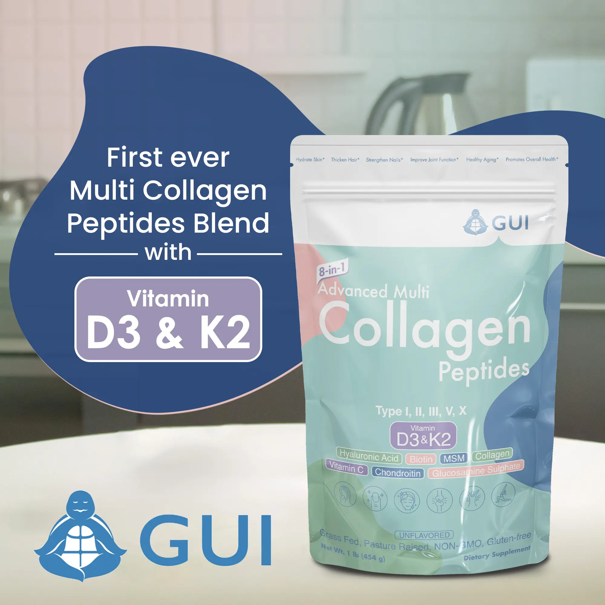 8-in-1 Advanced Multi Collagen Peptides Powder - Type I, II, III, V, X with Vitamin D3 & K2, Hyaluronic Acid, Biotin - Unflavored for Beauty Health