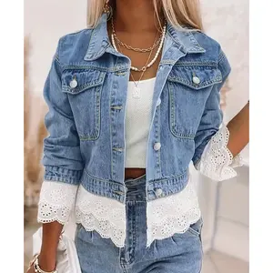 Women's Fashionable Lace-trimmed Short Denim Jacket Spliced Lace Casual Denim Top with Pockets for Spring and Autumn Coat Blue Fabric Feminine Fitted Long Sleeve Basic Overall Piece