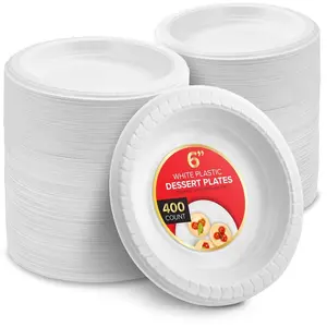 Stock Your Home 400 Count Premium White Plastic Plates, 6 Inch White Disposable Wedding Cake Plates, Heavy Duty Plastic Dessert Plates, Cocktail Appetizer Plates for Christmas Dinner Parties