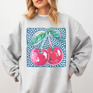 Valentines - Cherry Polka Dot BG Sweatshirt - Ash Grey - Preppy Fit Aesthetic Jersey Unisex