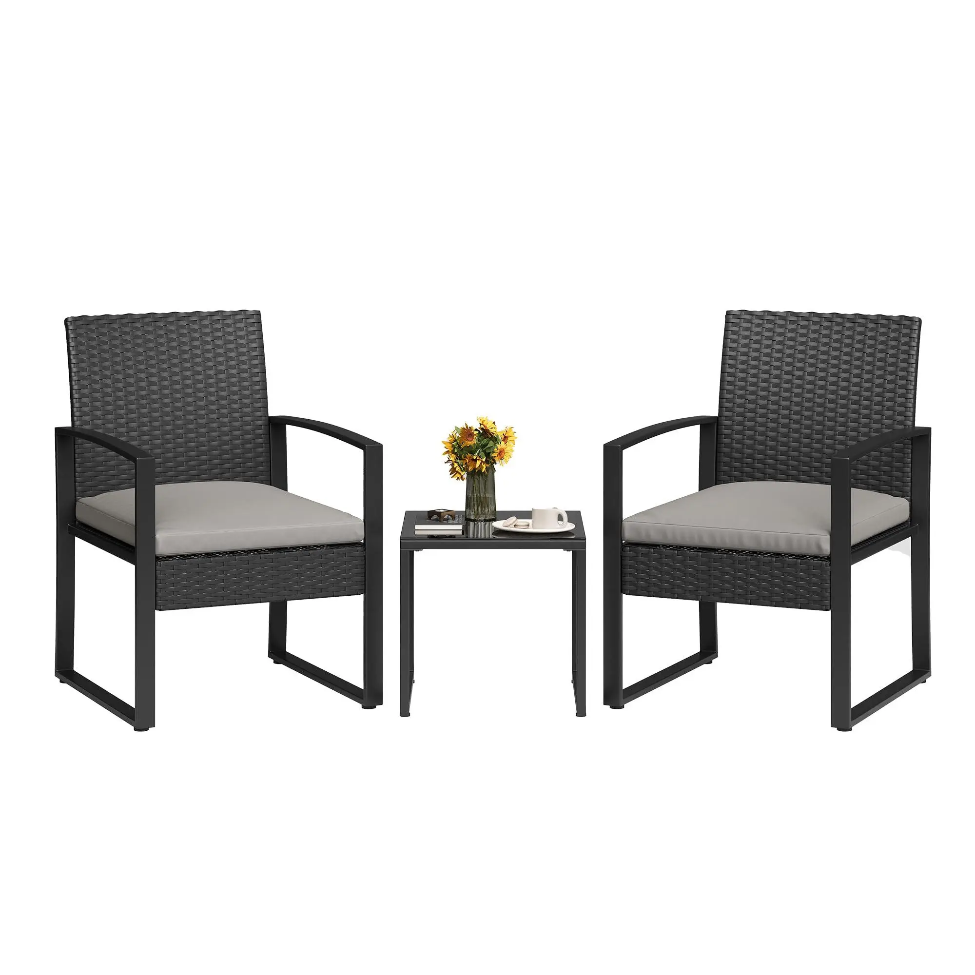 GARVEE 3 Piece Patio Bistro Set, PE Rattan Patio Conversation Set with Tempered Glass Coffee Table, All-Weather Wicker Bistro Table and Chairs Set for Patio, Garden, Balcony, Grey
