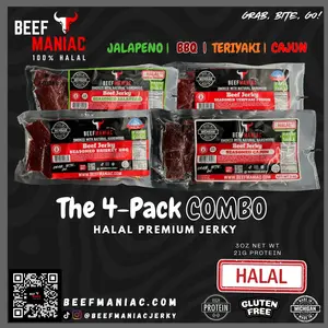Halal Beef Jerky 4-Pack Combo Sampler by Beef Maniac | Natural Hardwood Smoked Premium Jerky Made in Michigan