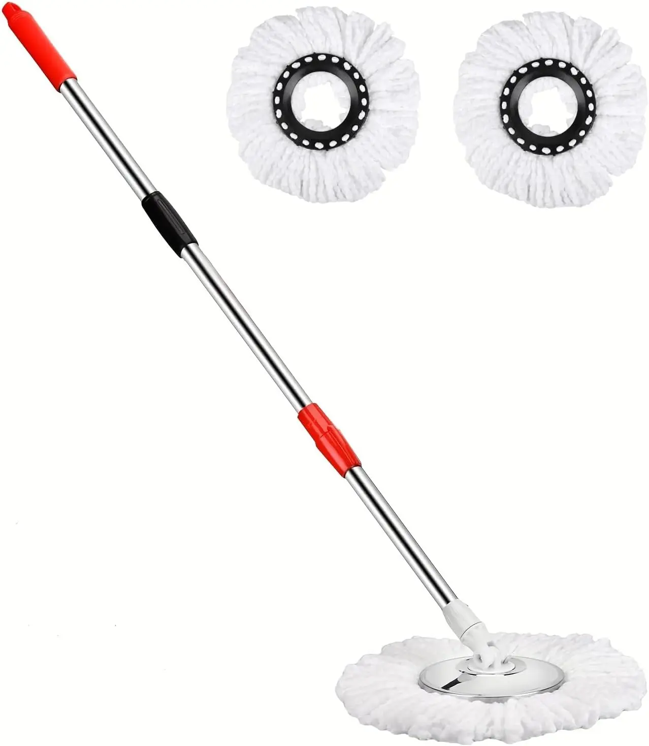 Spin Mop Replacement Handle 37''- 61'' Height 360 Degree Spin Mop Pole Handle Replacement Rotating Telescopic Stick With 2 Black Mop Heads for Head Replace Spinning Household Cleaning Accessories for Home
