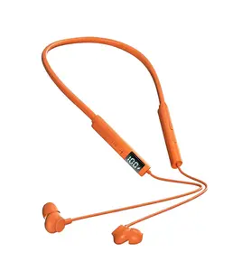 Orange Neckband Bluetooth In-Ear Earbuds with LED Display, Built-In Microphone, Comfortable Fit for Workouts & Daily Use