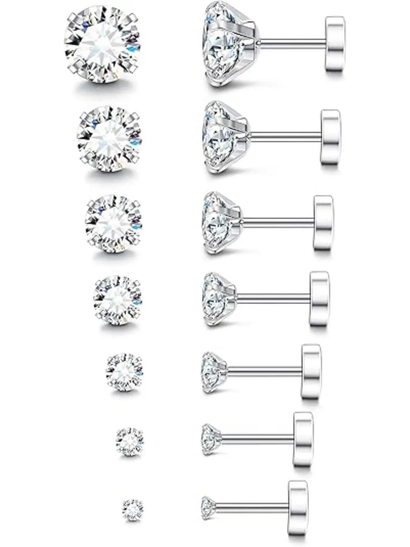 20g Hypoallergenic Flat Back Earrings, Silver Color & 14k, Stainless Steel Studs, Cz Stones, Surgical Steel Cartilage Earrings, Earring Stacking Set
