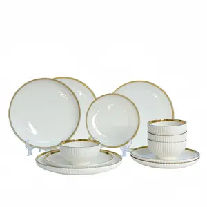 12-Piece Gold Rim Ceramic Dinnerware Set, Modern Tableware Sets, 4x10 Inch Plates, 4x8 Inch Plates, 4x4.53 Inch Bowls, Dishwasher & Microwave Safe