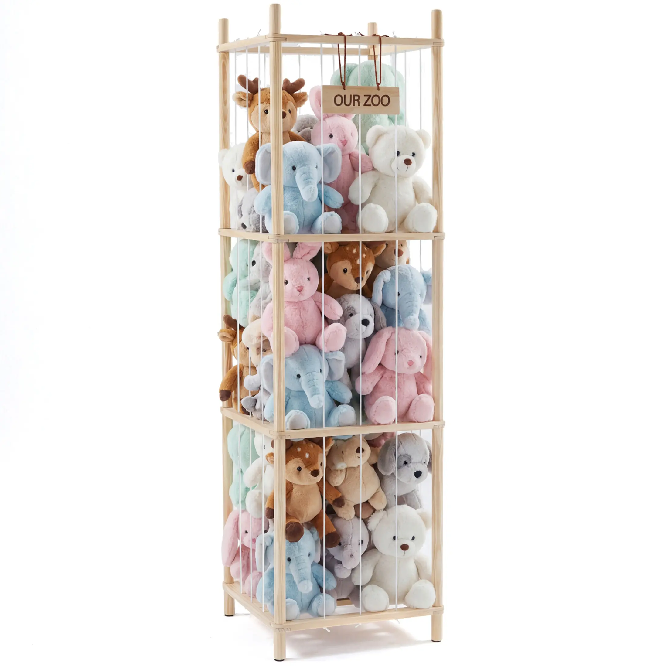 Stuffed Animal Storage, 54.35In Large Stuffed Animal Holder, Plushies Storage with Solid Wood Base&Elastic Cord, Space Save Zoo Toy Organizers for Playroom Bedroom Nursery