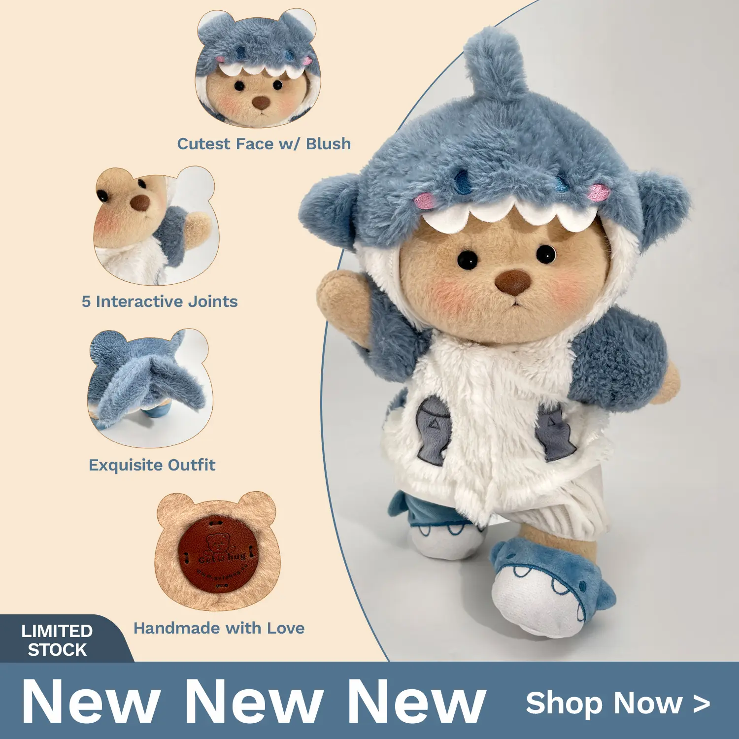 GETAHUG Fluffy Shark Bear Handmade Jointed Teddy Bear Gift,Summervibes,12" Standing Height with Exquisite Outfit & 5 Interactive Joints Perfect for Any Age - Childhood Stuffed Animal Huggable Collectible Cuddly Doll Gift