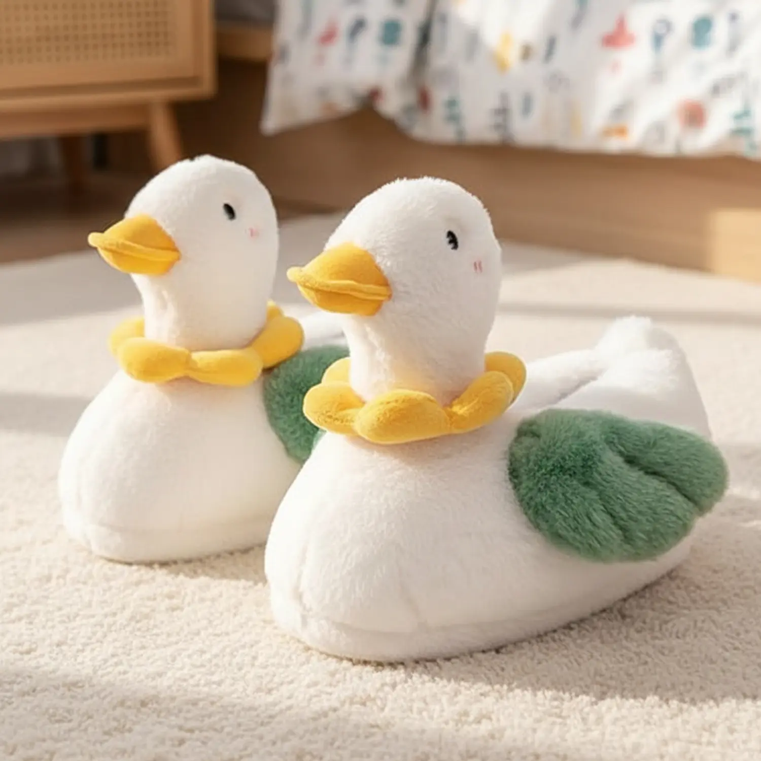 Plush Slippers for Women with Cute Floral Duck Accent, Comfortable Slip-On Fabric Home Shoes with TPU Sole, Accent Slippers, Cushioned, Elegant