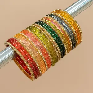 Raindrop Glass Bangles Set - 26 Multicolor Bridal Jewelry for Indian & Pakistani Weddings with Gold Detailing