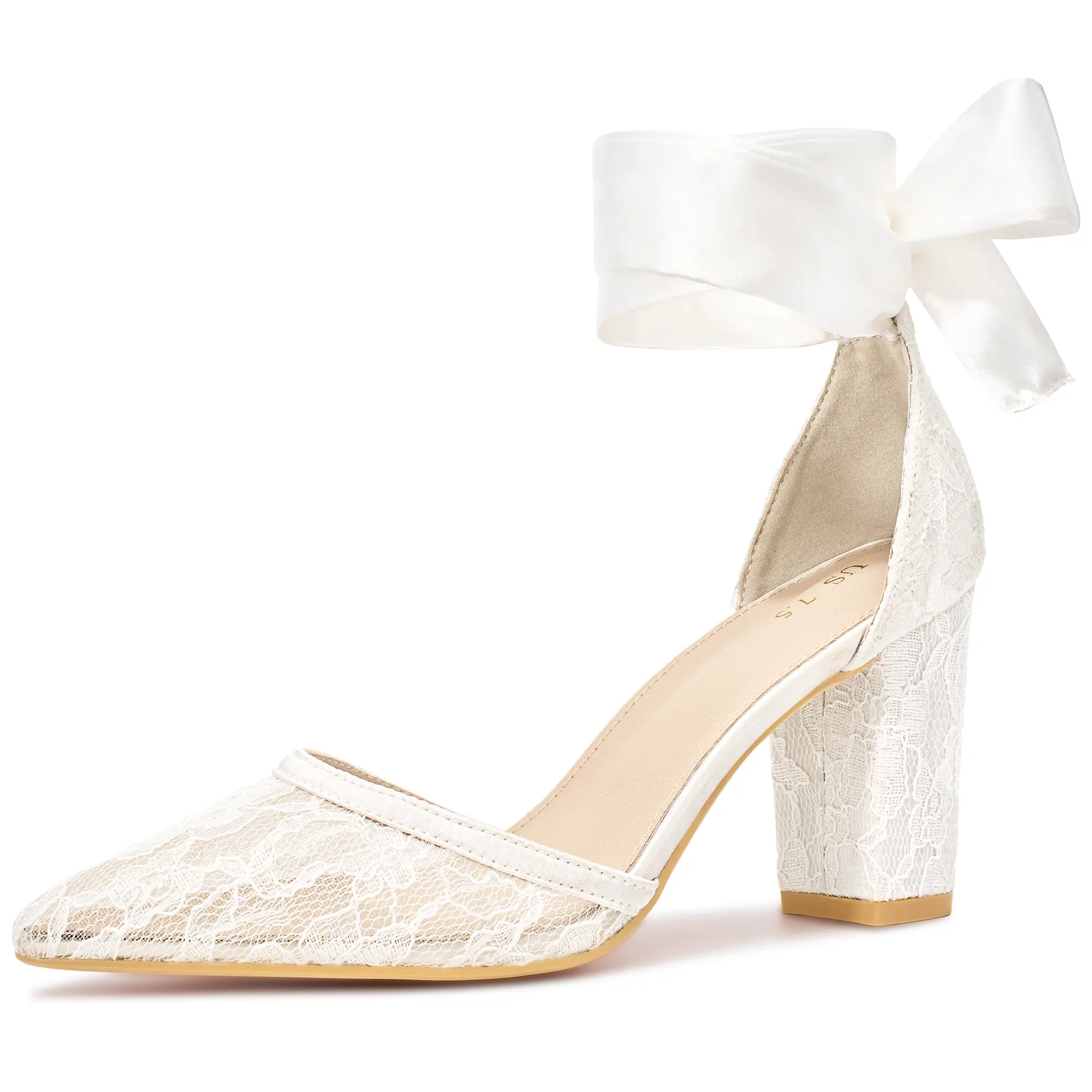 BLISSFUL STEP Lace Up Pointed Toe Bridal Block Heels Wedding Lace Pumps for Women