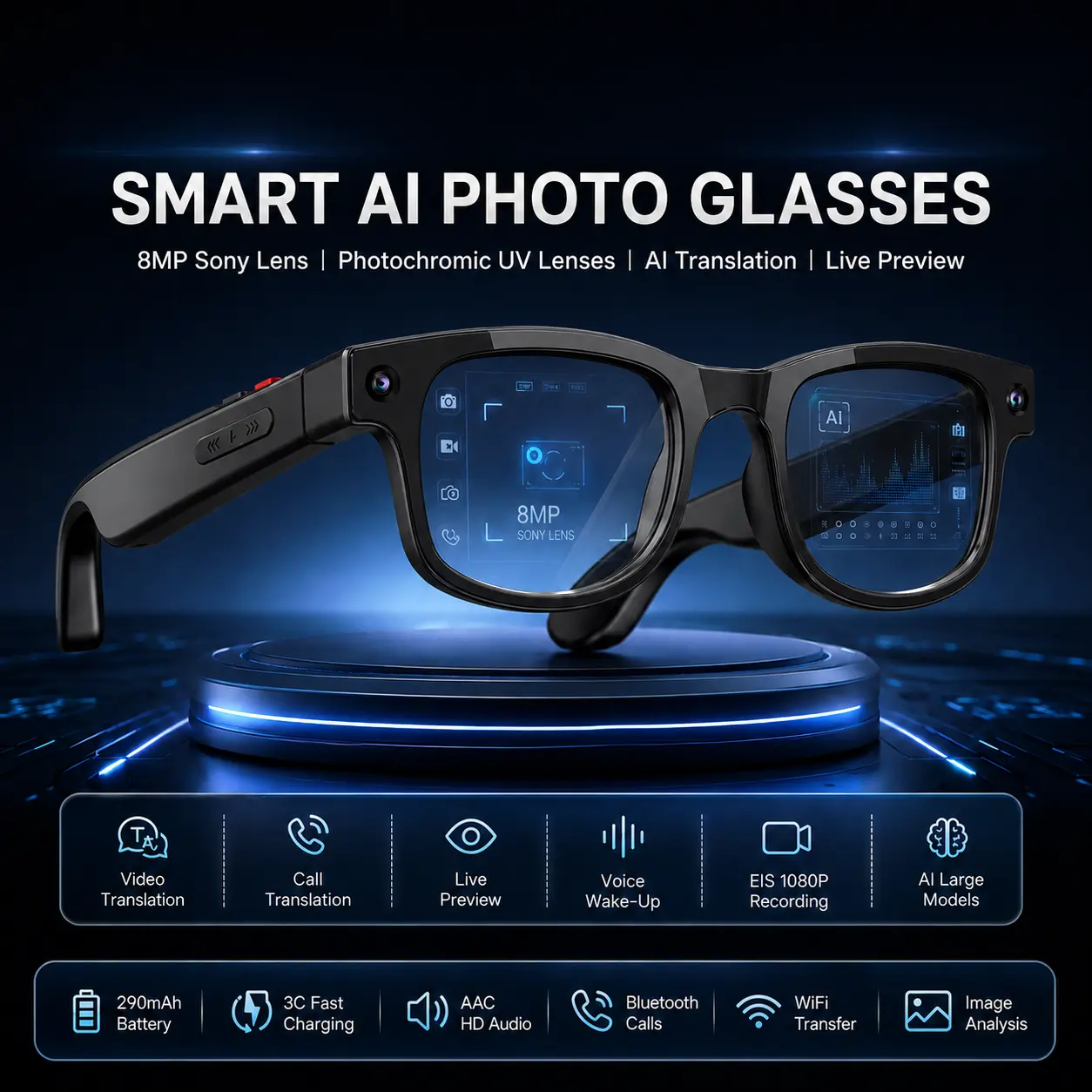 AI Smart Glasses with 8MP Camera & HD Video Recording, Real-Time Translation & Object Recognition, Bluetooth Audio Glasses with Music Playback, Touch Control for Travel Outdoor