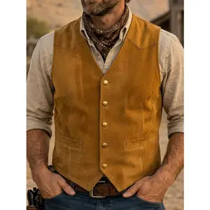 Men's Suede Leather Vest Cowboy Western Waistcoat Casual Slim Fit Suit Vest