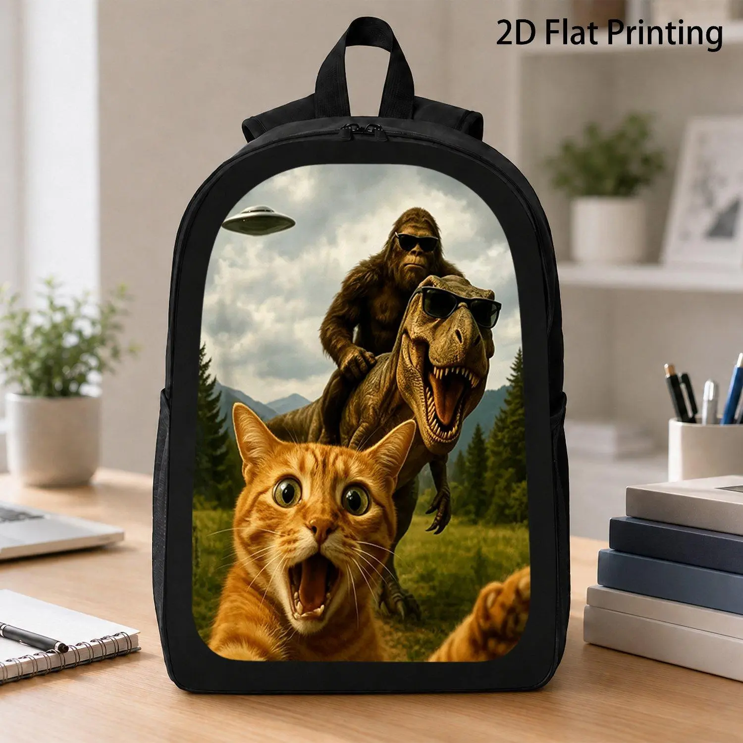 Fun Cat Dinosaur Bigfoot Print Backpack, Quirky Individual Casual Bag, Large Capacity Daily School Bag