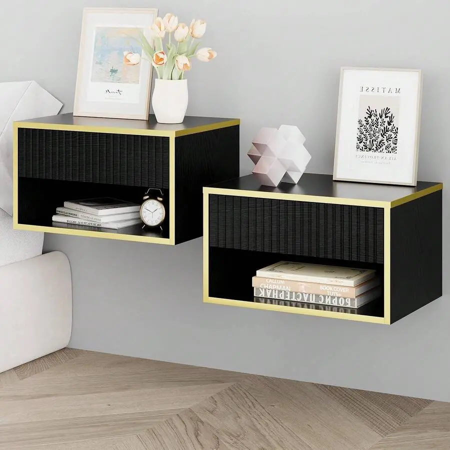Gold Nightstand Set Of 2, Modern Bedside  With Drawers And Open Shelf, Floating Design, Small Side  For Bedroom, Black/ White Mirrored Console Table Inlay Marble Dining Mobile Standing Desk Wheels