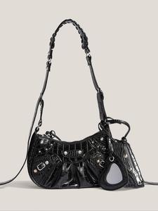 women's punk style embossed shoulder bag, gifts for wife, fashionable heart decor underarm pu leather bag with heart bag charm, rivet tassel design shoulder bag for daily used, purse