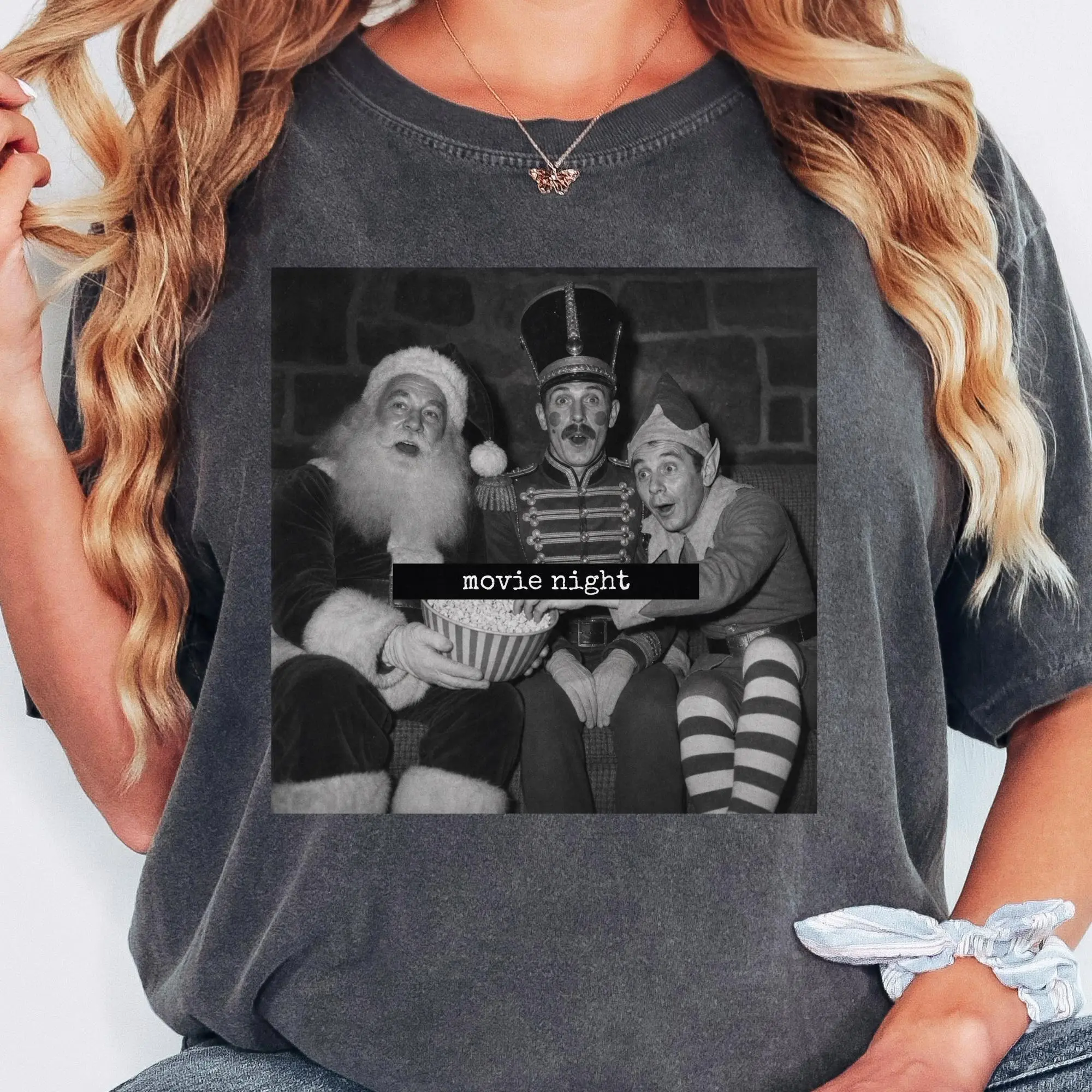 Comfort Colors Holiday Movie Night T-Shirt, Vintage Christmas Graphic T-Shirt, Retro Santa Crewneck Cute Elf Nutcracker Clothes Cozy Winter T-Shirt, Halloween Gifts