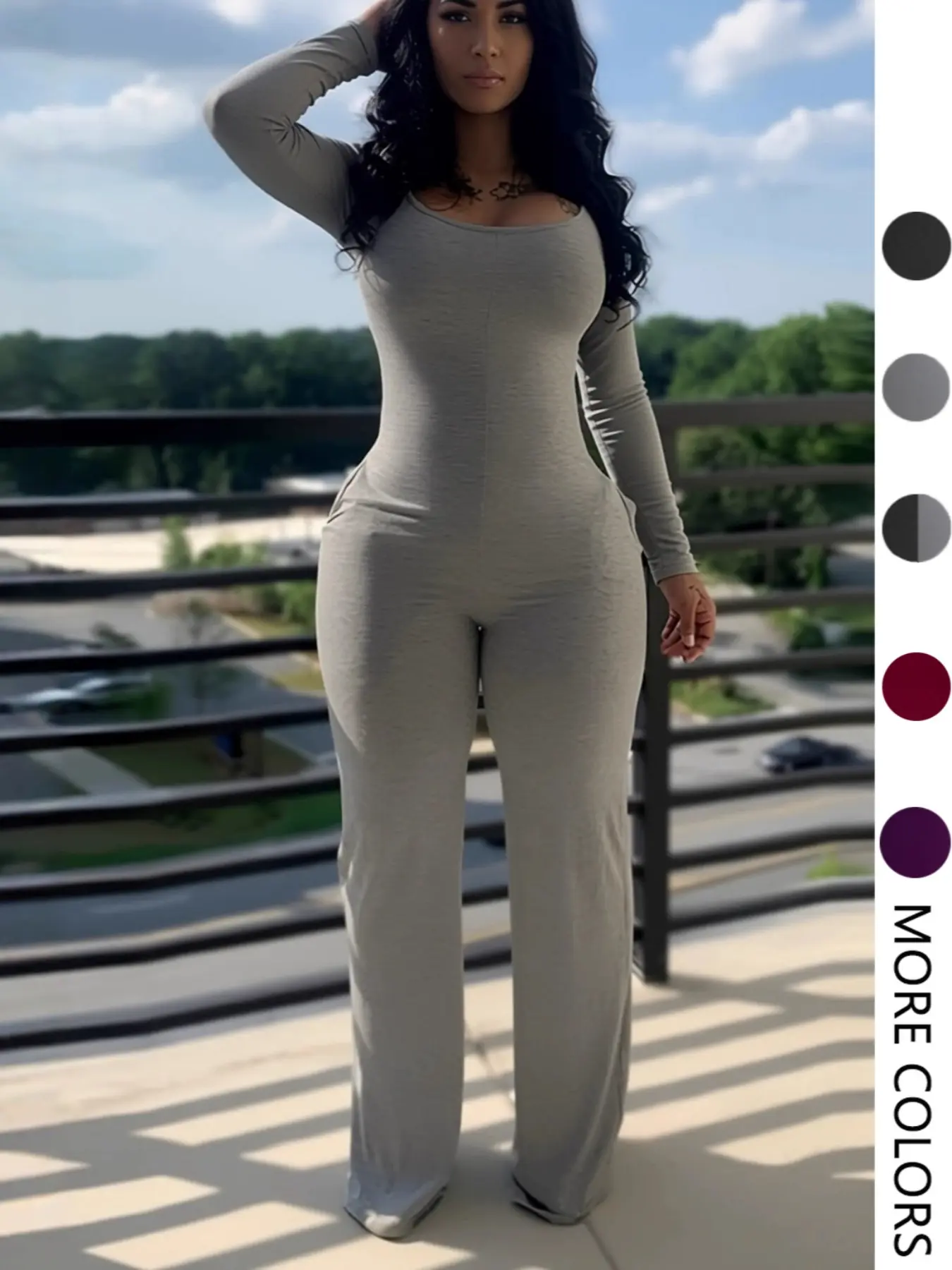 Women's Sexy Plain Basic Long Sleeve Fitted Jumpsuit, Casual Commuter Jumpsuit, Lady Fall & Winter Fashion, Low-Neck Design with Pockets, European Style, Casual Jumpsuits, Casual Wear, Womenswear